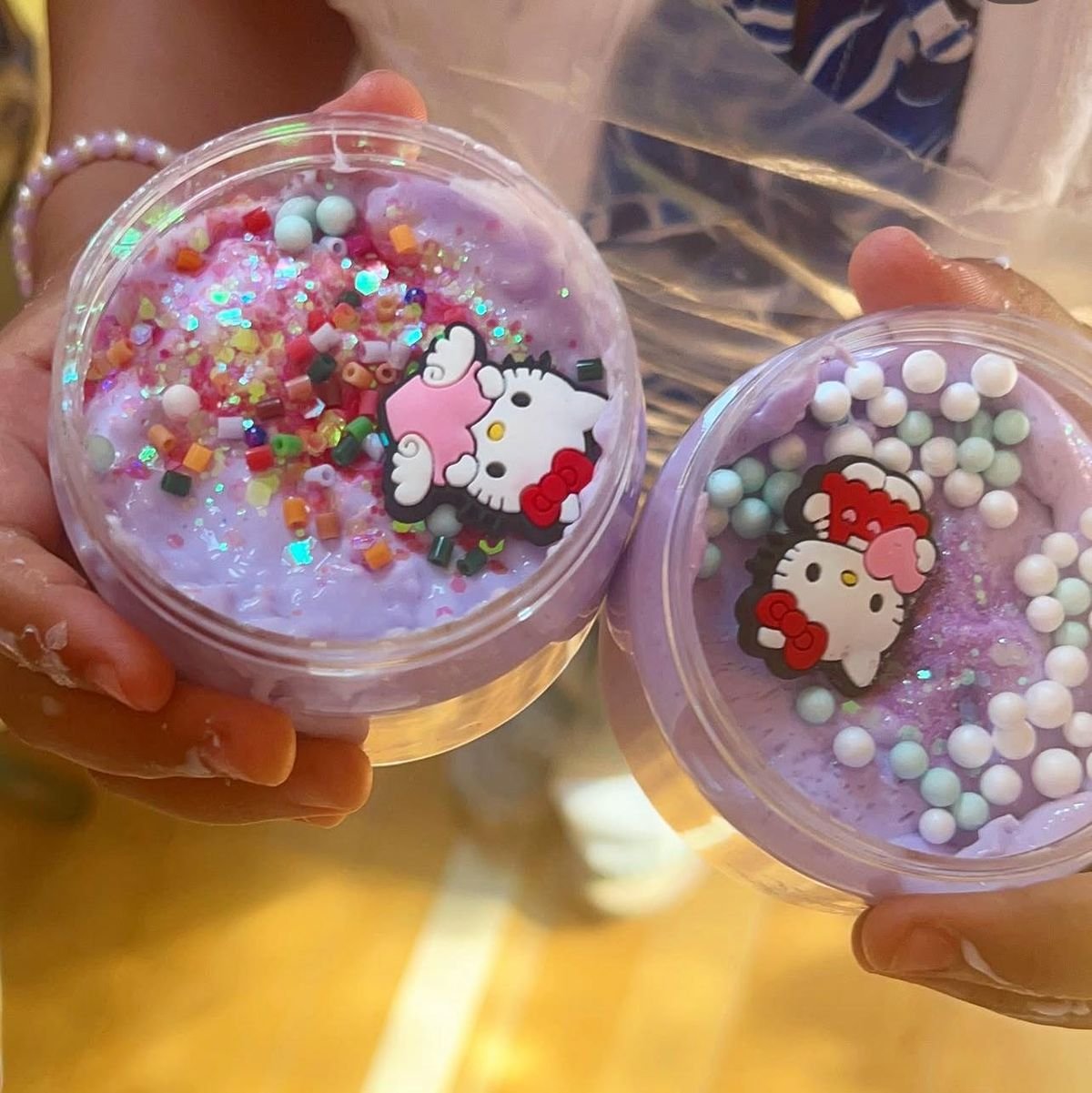 Jazzy Slime pots decorated with a Hello Kitty theme